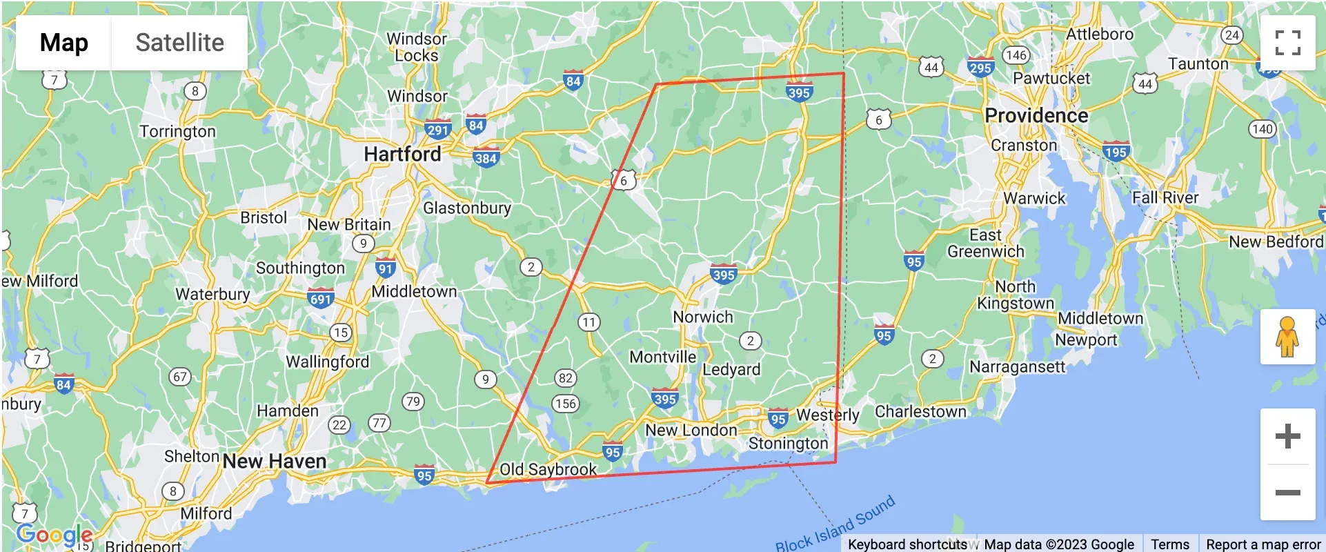 Google map showing Eastern Connecticut region — Family Cleanout Junk Removal service coverage area